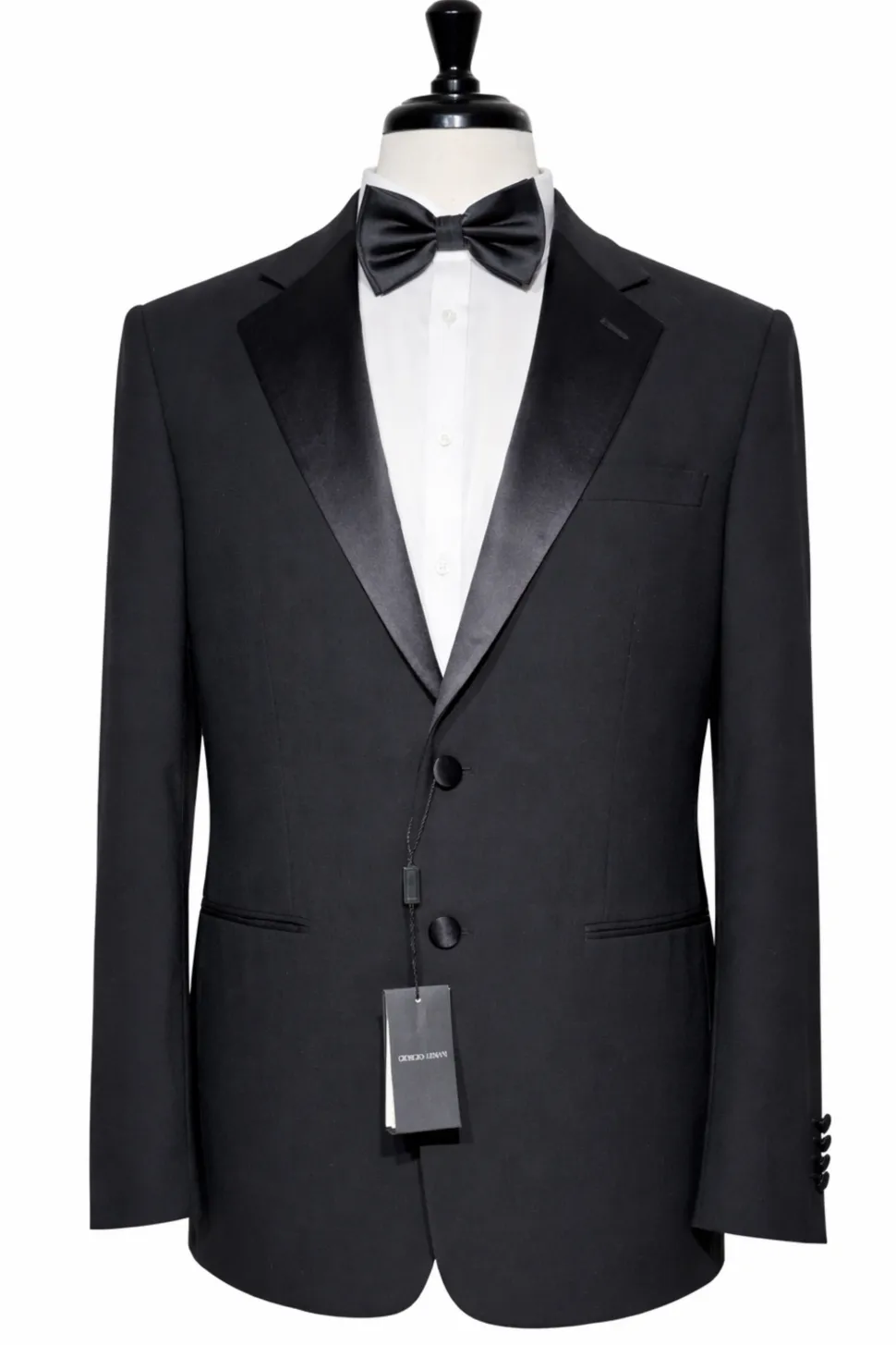 Giorgio Armani Solid Black With Satin Notch Lapel Classic Fit 2-Button Wool Cashmere Tuxedo 36S