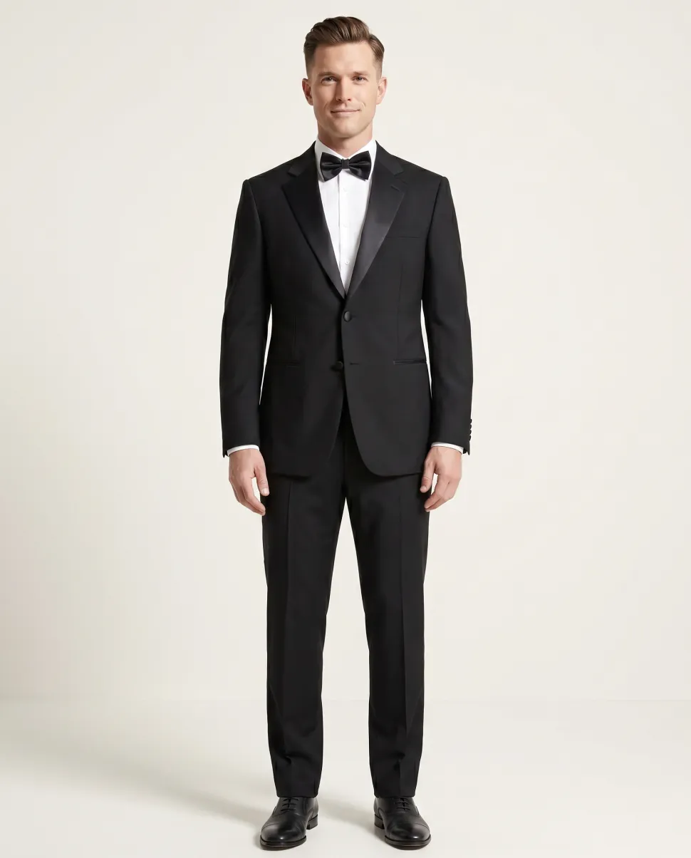 Giorgio Armani Solid Black With Satin Notch Lapel Classic Fit 2-Button Wool Cashmere Tuxedo 36S