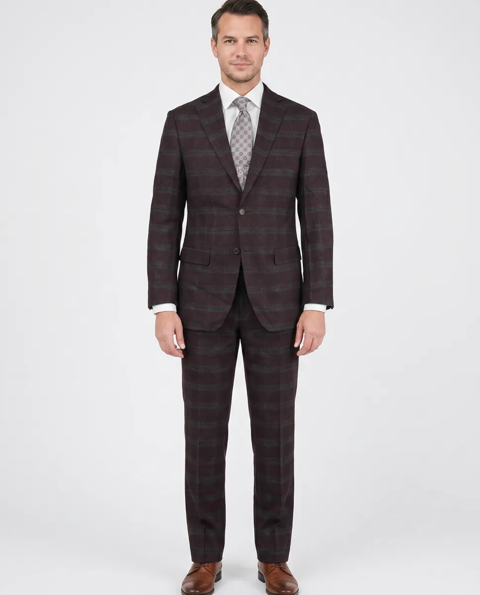 Giorgio Fiorelli Mens burgundy Plaid Classic Fit 2 Piece Suit