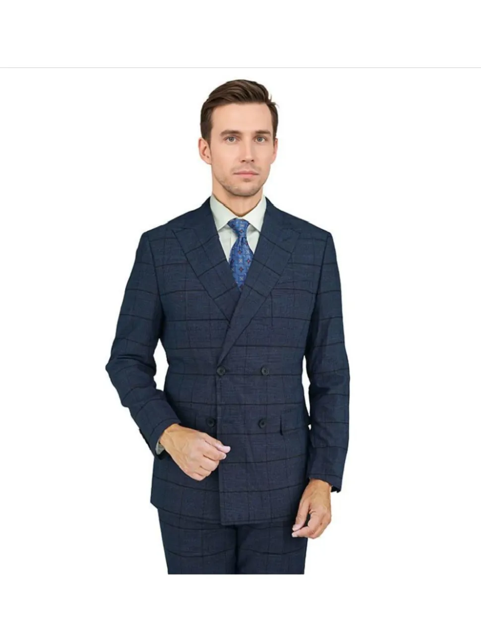 Giorgio Fiorelli Mens Navy Blue Plaid Classic Fit Double Breasted 2 Piece Suit