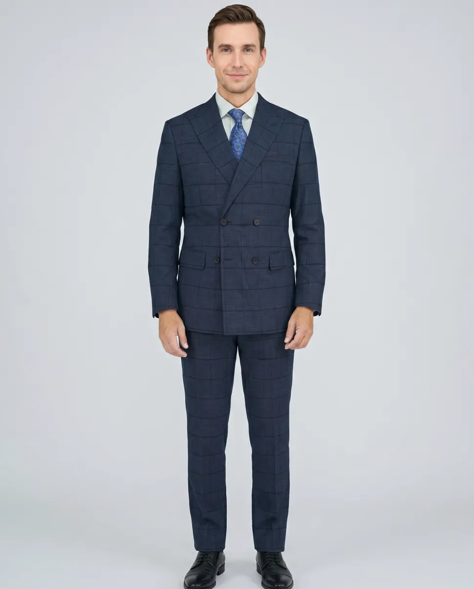 Giorgio Fiorelli Mens Navy Blue Plaid Classic Fit Double Breasted 2 Piece Suit