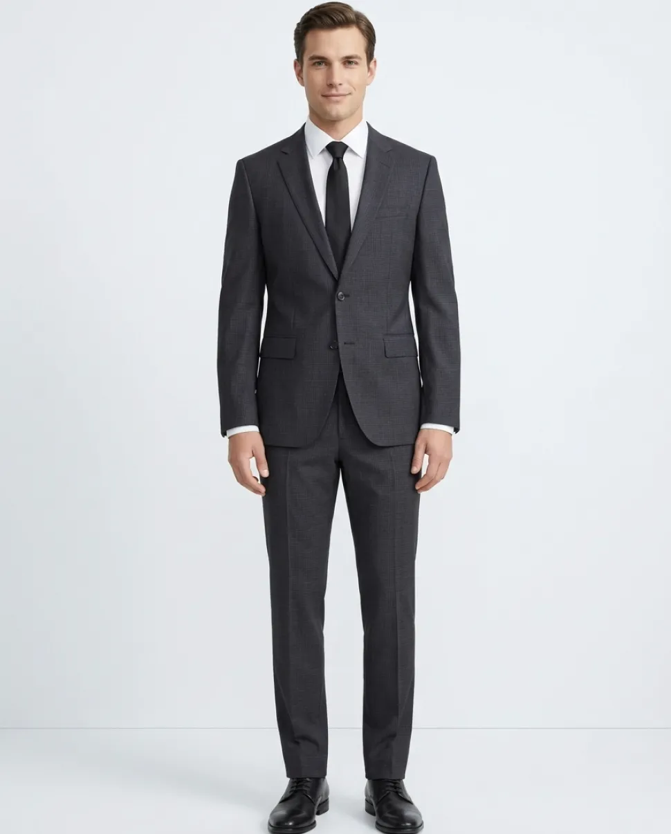 Hugo Boss Charcoal Gray Micro-Check Slim Fit Notch Lapel 2-Button Suit 40L