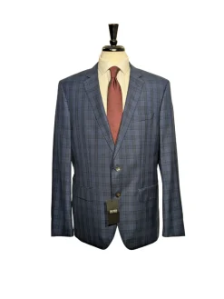 Hugo Boss Columbo Navy Blue and Black Windowpane Slim Fit Notch Lapels 2-Button Wool Silk Suit - 46R