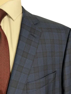 Hugo Boss Columbo Navy Blue and Black Windowpane Slim Fit Notch Lapels 2-Button Wool Silk Suit - 46R