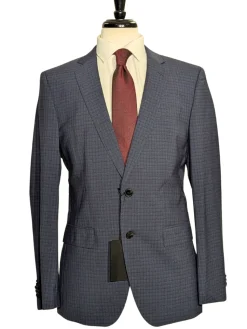 Hugo Boss Lanificio Blue and Gray Tonal Check Slim Fit Notch Lapels Wool 2-Button Suit - 40R