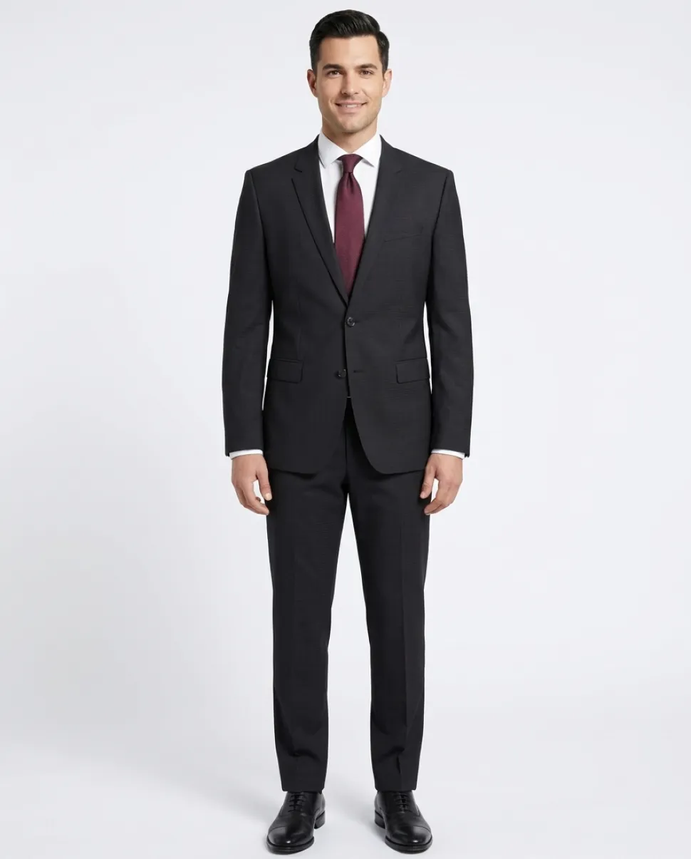 Hugo Boss Mens Black Micro-Check Notch Lapels Slim Fit 2 Button Wool Suit - 44L