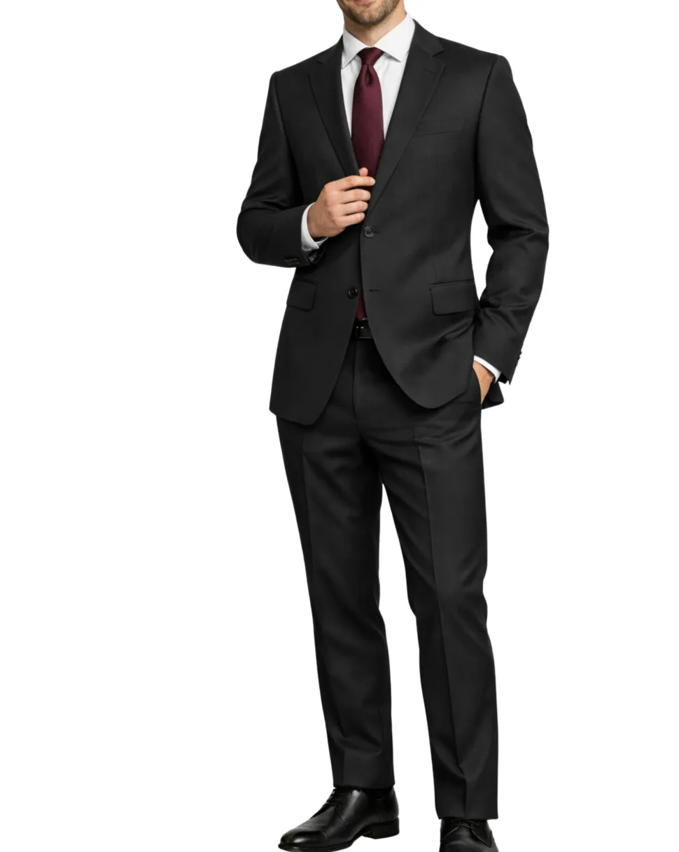 Hugo Boss Mens Black Tonal Pinstriped Notch Lapels Classic Fit 2 Button Wool Suit - 38S