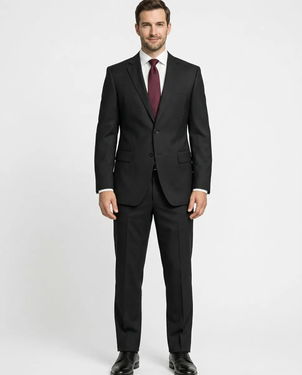 Hugo Boss Mens Black Tonal Pinstriped Notch Lapels Classic Fit 2 Button Wool Suit - 38S
