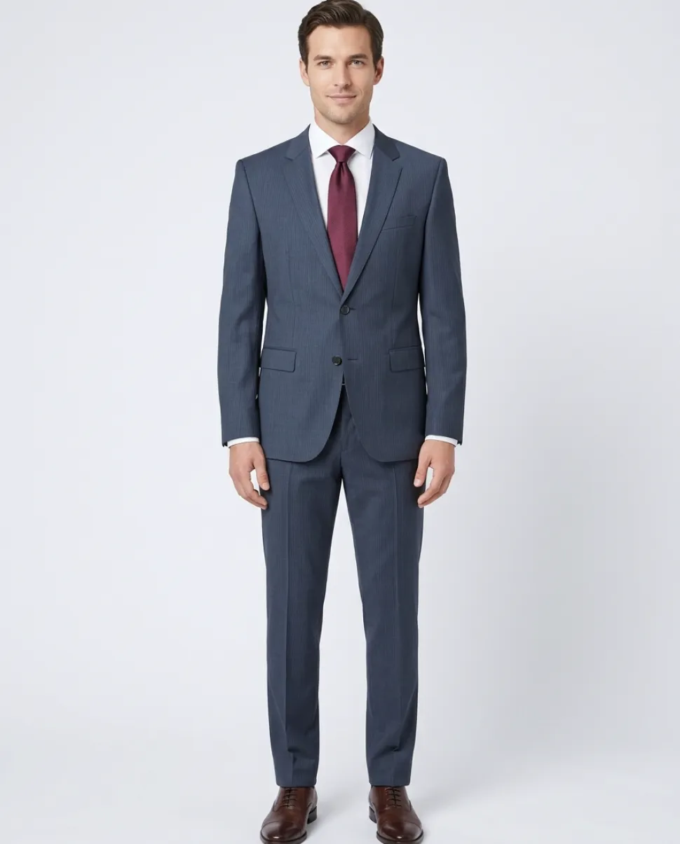 Hugo Boss Mens Blue-Gray Pinstripe Notch Lapels Slim Fit 2 Button Wool Suit - 42L