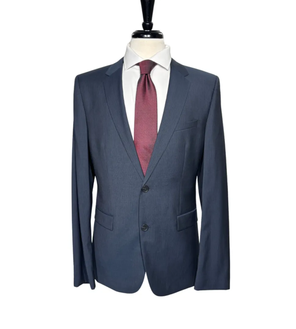 Hugo Boss Mens Blue-Gray Pinstripe Notch Lapels Slim Fit 2 Button Wool Suit - 42L