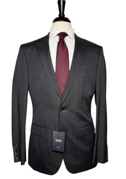 Hugo Boss Mens Charcoal Herringbone Notch Lapel Classic Fit 2-Button Silk Suit - 40R