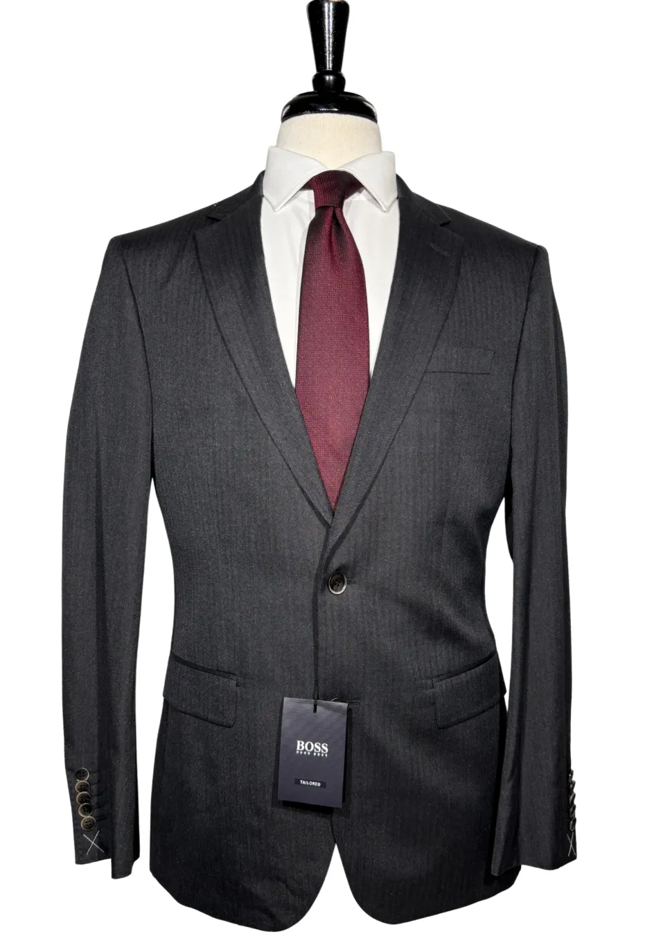 Hugo Boss Mens Charcoal Herringbone Notch Lapel Classic Fit 2-Button Silk Suit - 40R