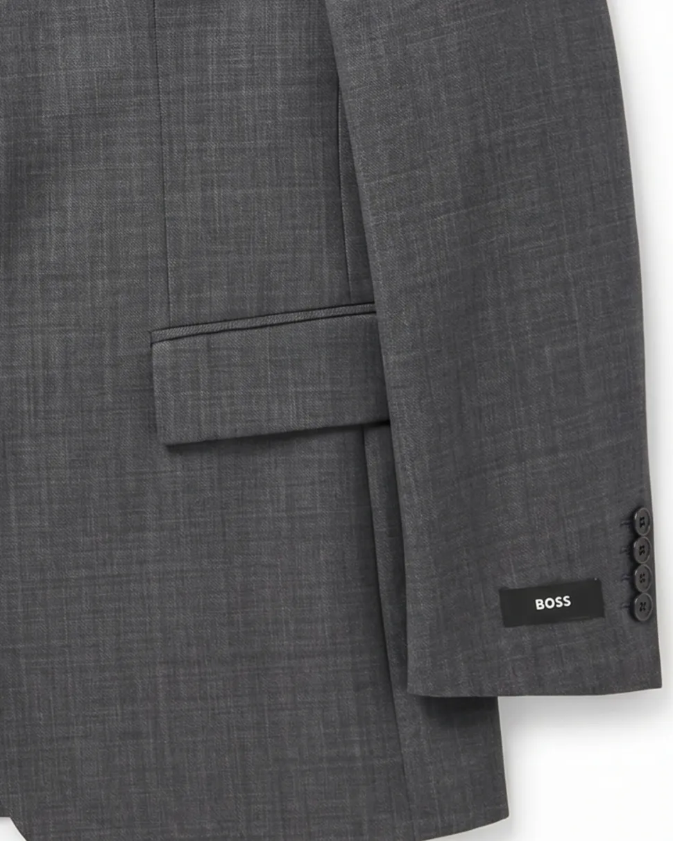 Hugo Boss Mens Charcoal Textured Notch Lapel Slim Fit 2-Button Wool Suit - 38R