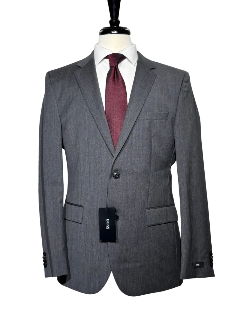 Hugo Boss Mens Gray Herringbone Notch Lapels Wool 2-Button Suit - 40R
