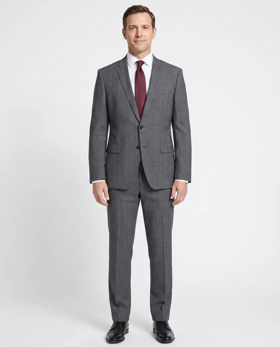 Hugo Boss Mens Gray Windowpane Notch Lapel Wool 2-Button Suit - 44R