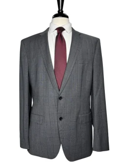 Hugo Boss Mens Gray Windowpane Notch Lapel Wool 2-Button Suit - 44R
