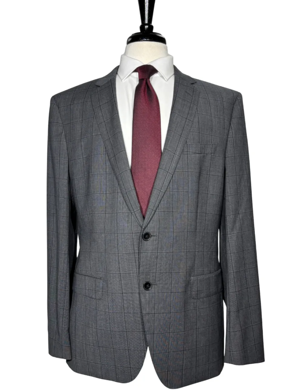 Hugo Boss Mens Gray Windowpane Notch Lapel Wool 2-Button Suit - 44R