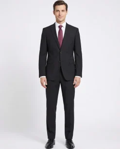 Hugo Boss Mens 42L Black Striped 100% Italian Super 110s Wool Slim Fit Suit