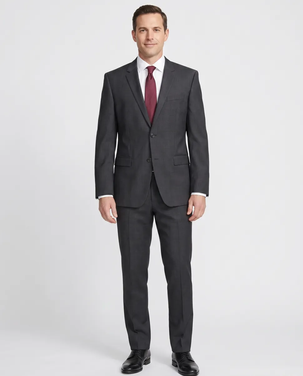 Hugo Boss Mens 42L Charcoal Plaid 100% Wool Slim Fit Two Piece Suit