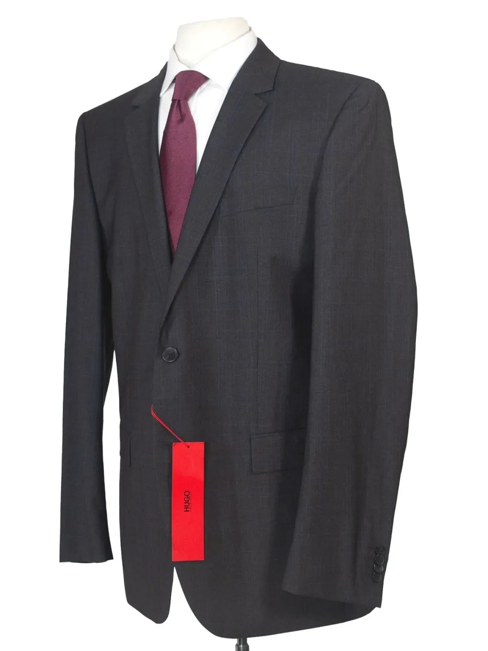 Hugo Boss Mens 42L Charcoal Plaid 100% Wool Slim Fit Two Piece Suit