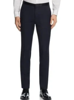Hugo Boss Mens Navy Blue 100% Wool Flat Front Tuxedo Dress Pants