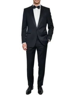 Hugo Boss Mens Solid Black Satin Peak Lapel Classic Fit 1-Button Wool Tuxedo - 42S