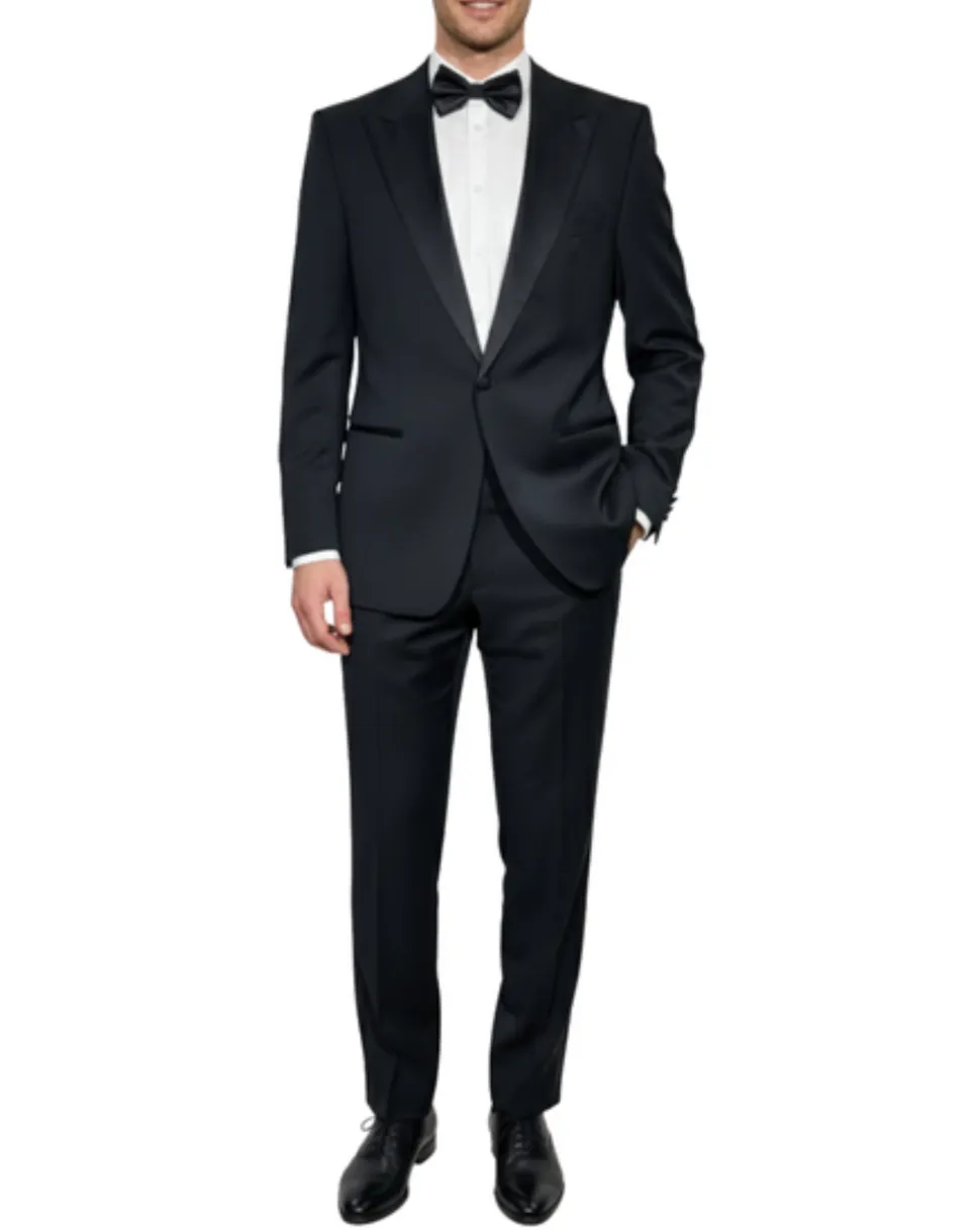 Hugo Boss Mens Solid Black Satin Peak Lapel Classic Fit 1-Button Wool Tuxedo - 42S
