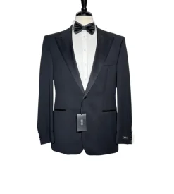Hugo Boss Mens Solid Black Satin Peak Lapel Classic Fit 1-Button Wool Tuxedo - 42S