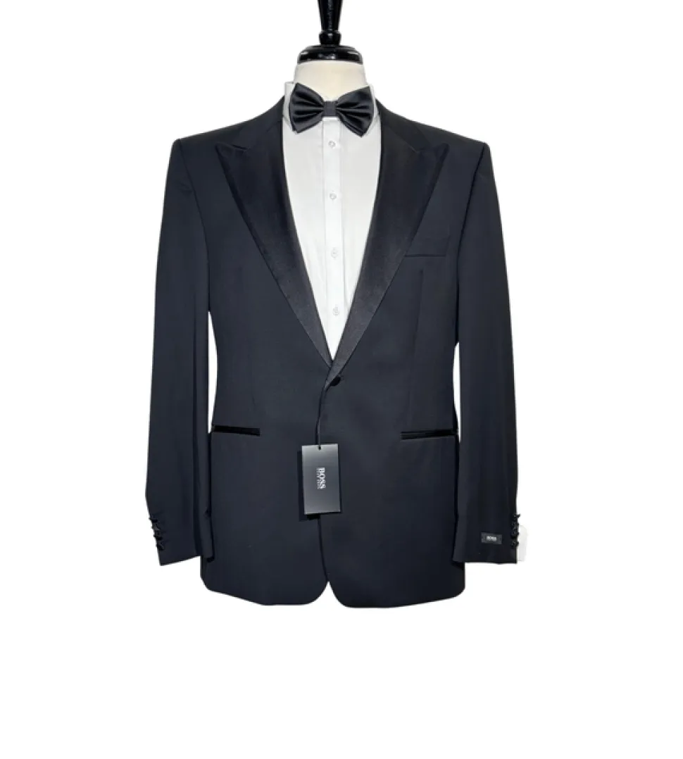 Hugo Boss Mens Solid Black Satin Peak Lapel Classic Fit 1-Button Wool Tuxedo - 42S