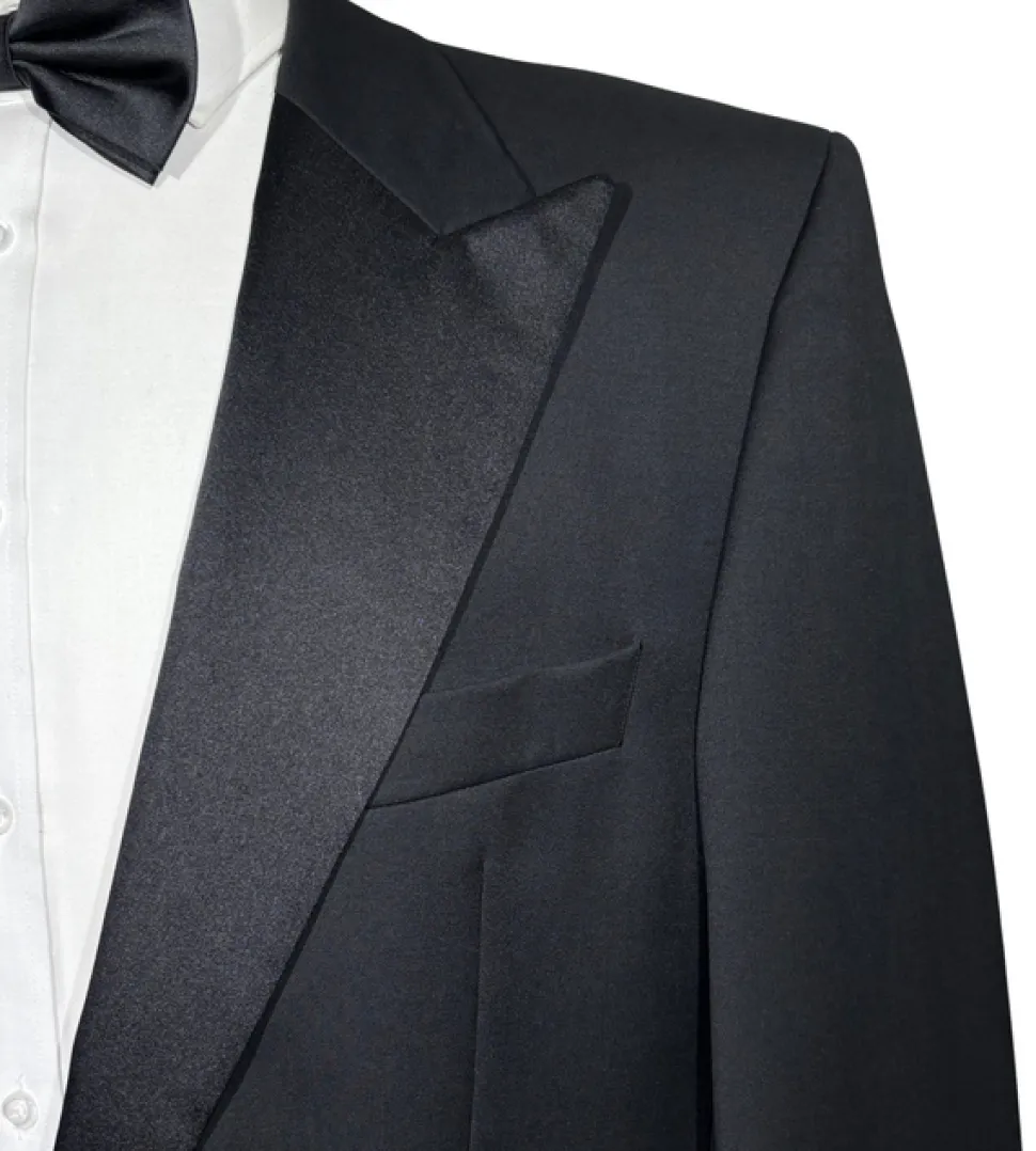 Hugo Boss Mens Solid Black Satin Peak Lapel Classic Fit 1-Button Wool Tuxedo - 42S