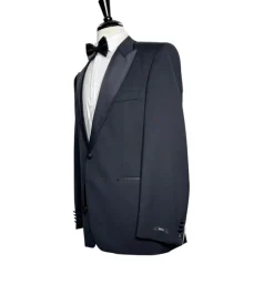 Hugo Boss Mens Solid Black Satin Peak Lapel Classic Fit 1-Button Wool Tuxedo - 42S