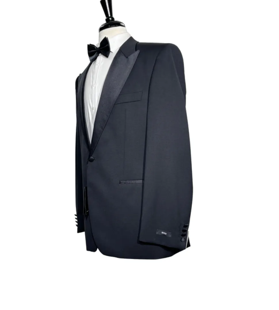 Hugo Boss Mens Solid Black Satin Peak Lapel Classic Fit 1-Button Wool Tuxedo - 42S