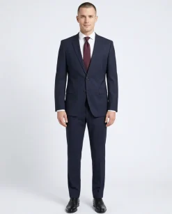 Hugo Boss Mens Solid Navy Notch Lapels Classic Fit Stretch 2 Button Wool Suit - 40L