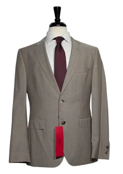 Hugo Boss Mens Taupe Textured Notch Lapels Classic Fit 2 Button Wool Suit - 40R