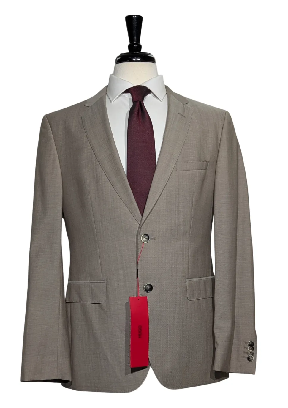 Hugo Boss Mens Taupe Textured Notch Lapels Classic Fit 2 Button Wool Suit - 40R