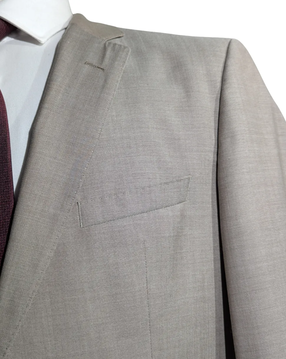 Hugo Boss Mens Taupe Textured Notch Lapels Classic Fit 2 Button Wool Suit - 40R