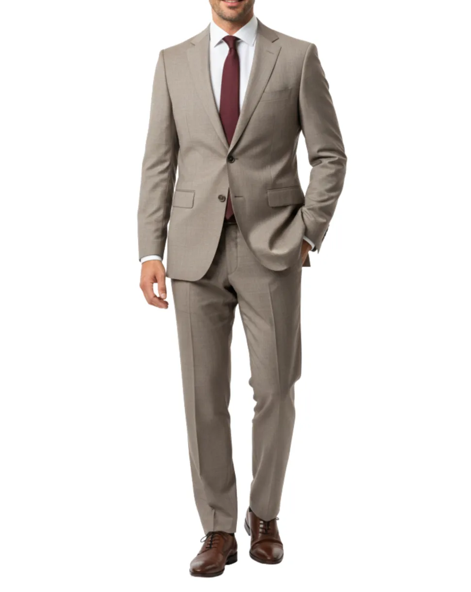 Hugo Boss Mens Taupe Textured Notch Lapels Classic Fit 2 Button Wool Suit - 40R