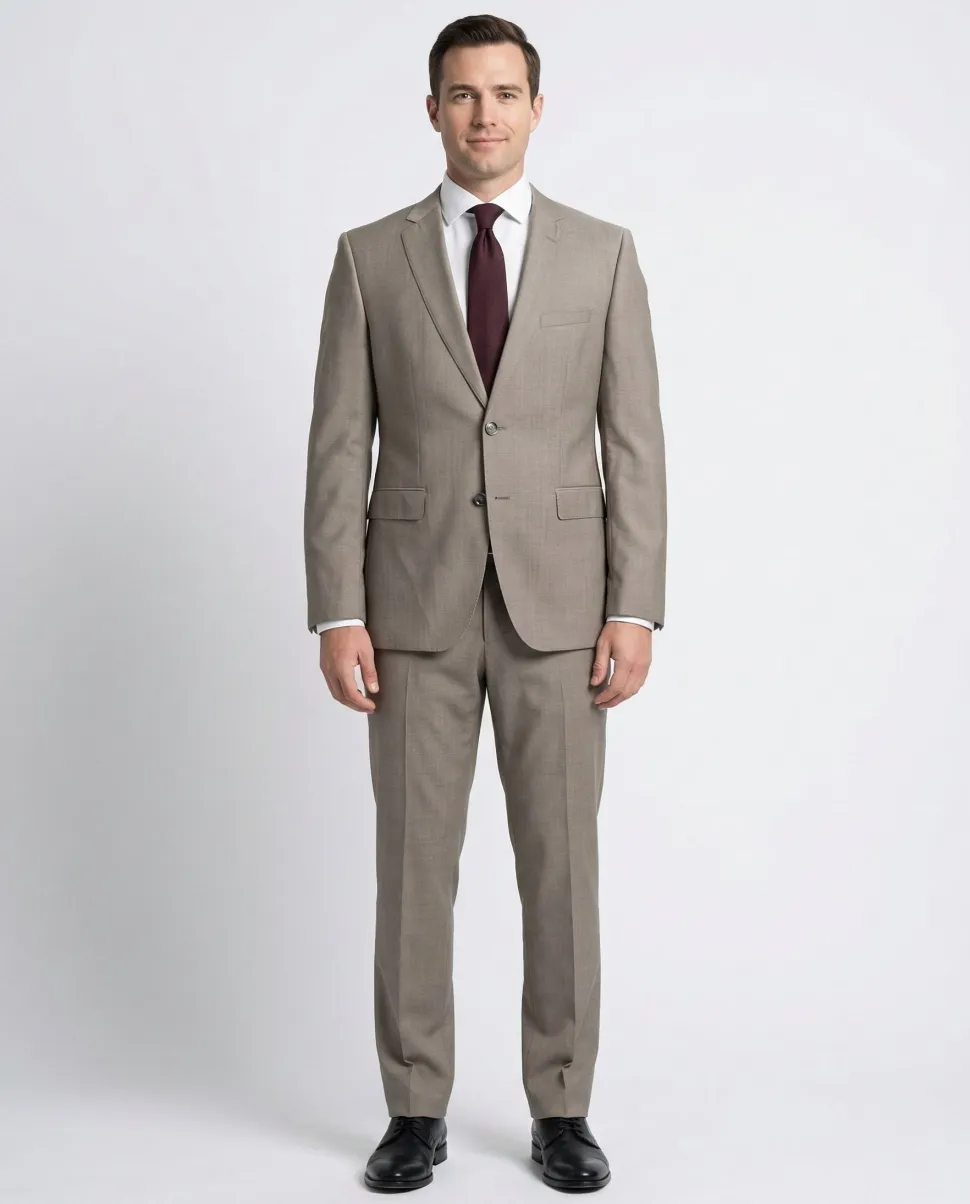 Hugo Boss Mens Taupe Textured Notch Lapels Classic Fit 2 Button Wool Suit - 40R