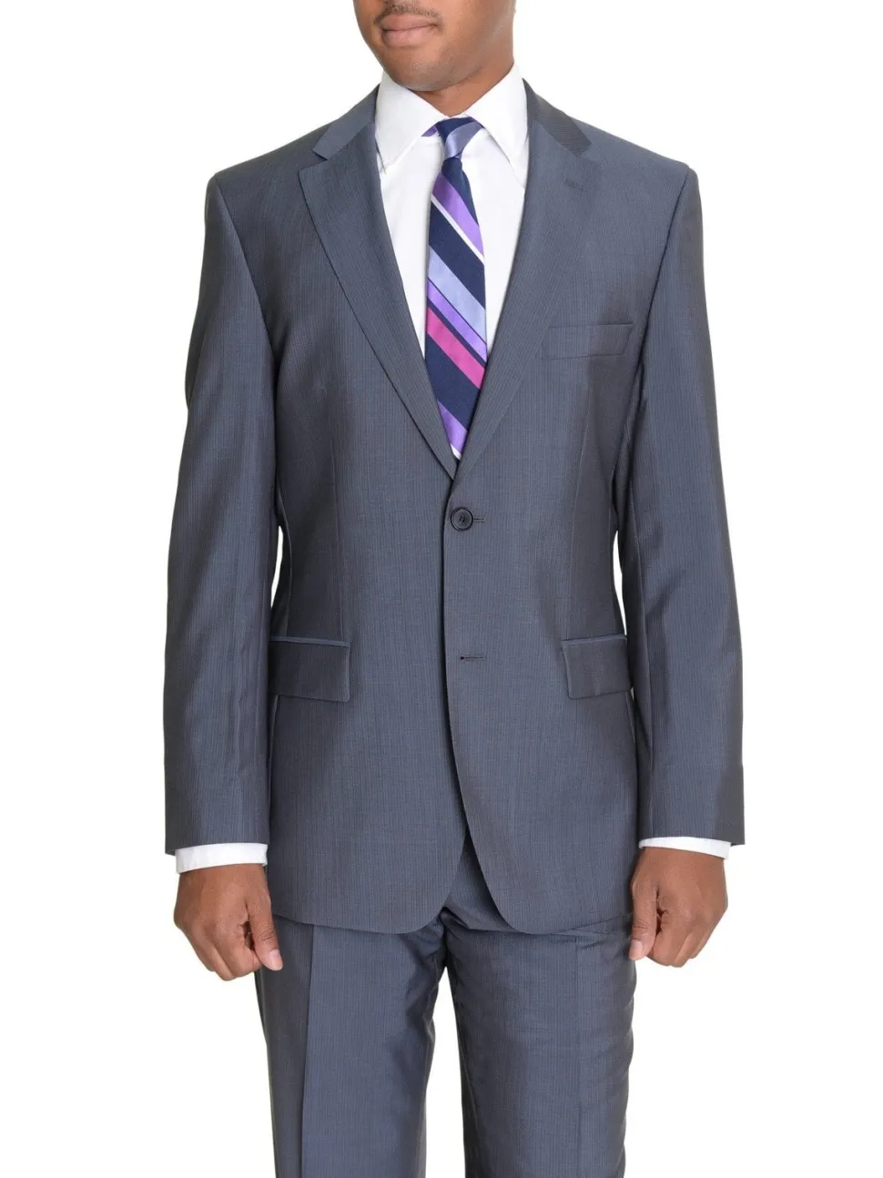 Hugo Boss Paolini1/Movio1 Blue Gray Striped Two Button Wool Suit