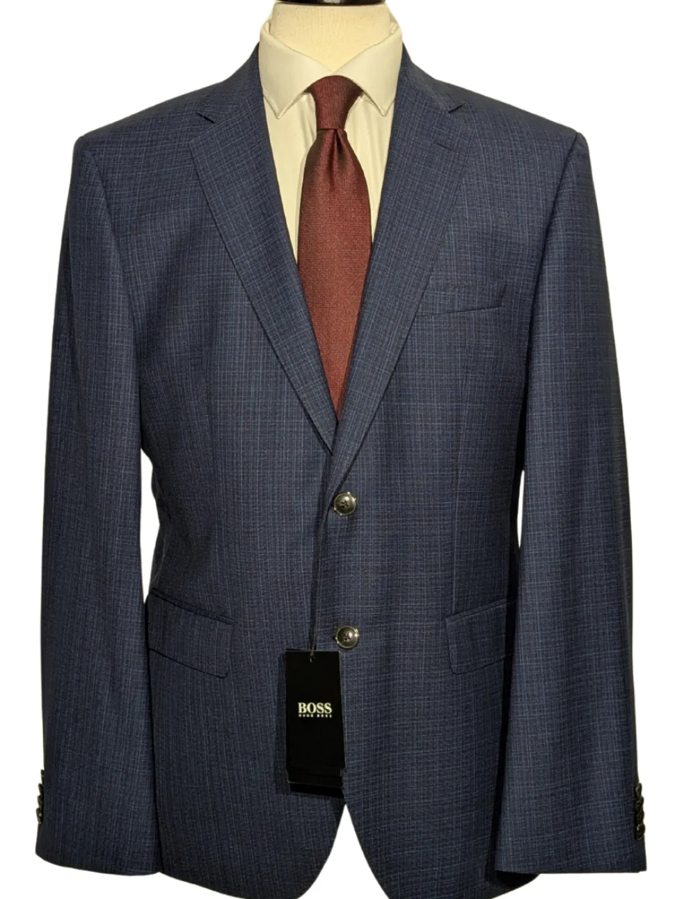 Hugo Boss Super 130 Drago Blue Check Wool Notch Lapel Two-Button Suit 44R