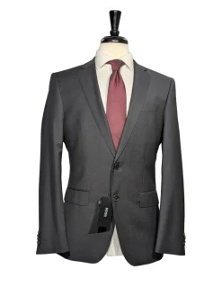 Hugo Boss Super 100s Black Textured Slim Fit Notch Lapels Wool 2-Button Suit - 38R