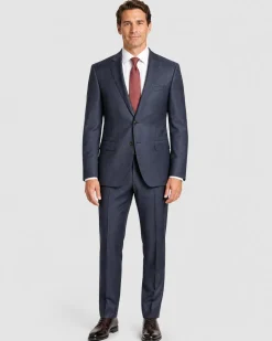 Hugo Boss Super 120s Navy Blue Plaid Windowpane Slim Fit Notch Lapels Wool 2-Button Suit - 44R