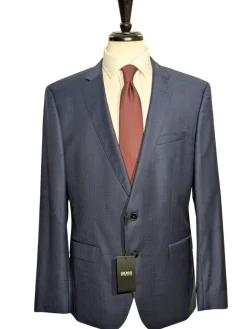 Hugo Boss Super 120s Navy Blue Plaid Windowpane Slim Fit Notch Lapels Wool 2-Button Suit - 44R