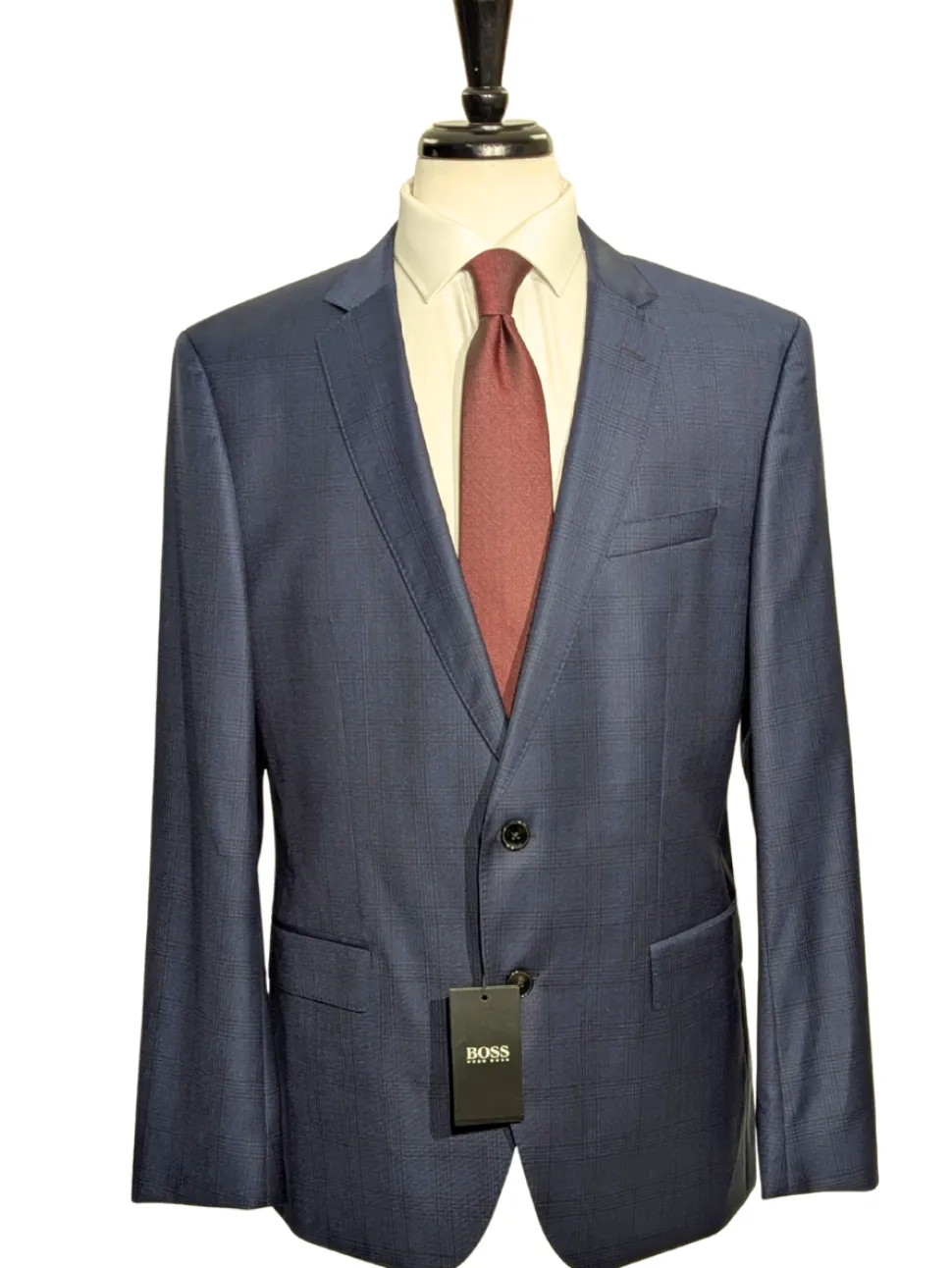 Hugo Boss Super 120s Navy Blue Plaid Windowpane Slim Fit Notch Lapels Wool 2-Button Suit - 44R
