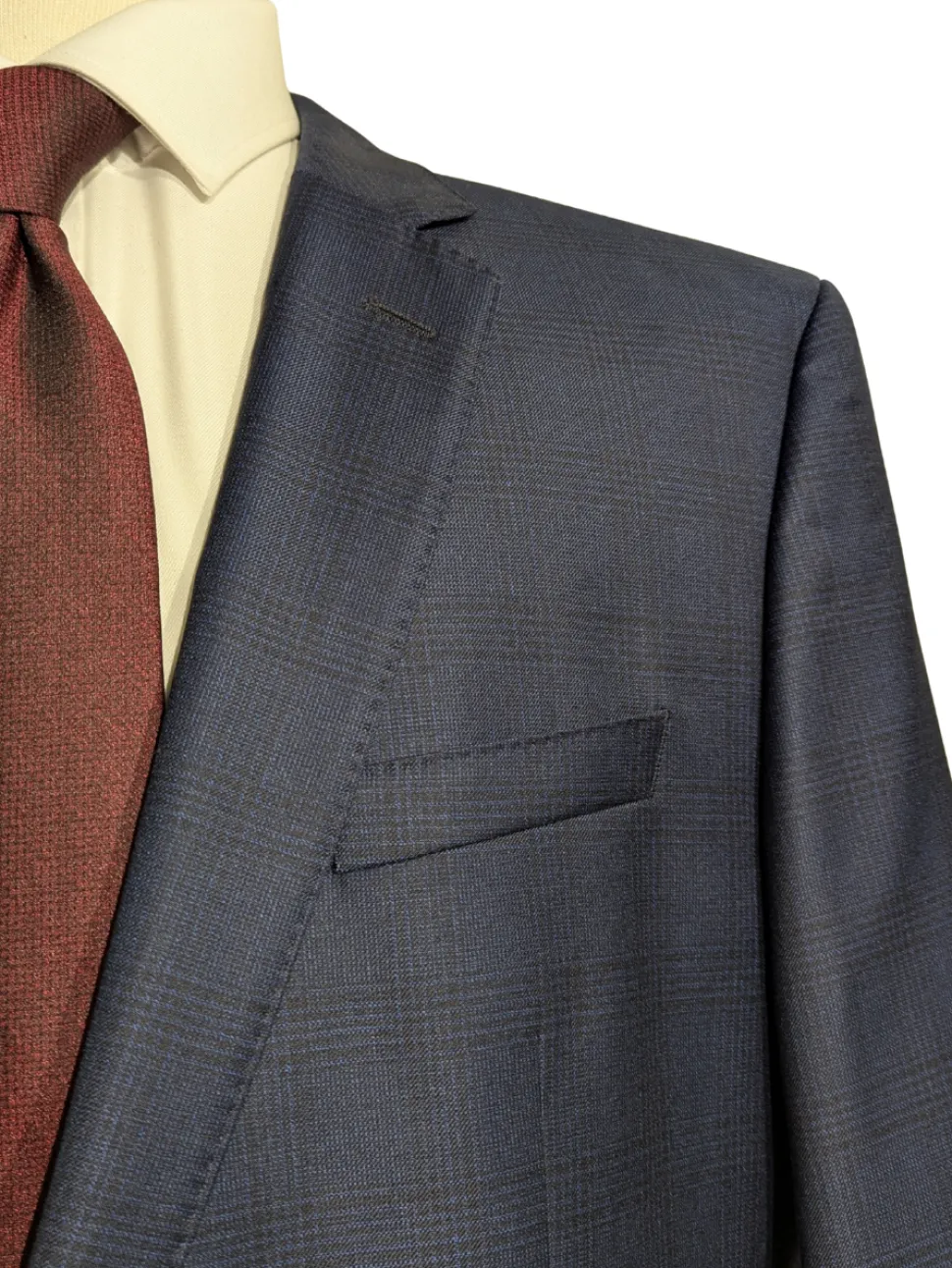 Hugo Boss Super 120s Navy Blue Plaid Windowpane Slim Fit Notch Lapels Wool 2-Button Suit - 44R