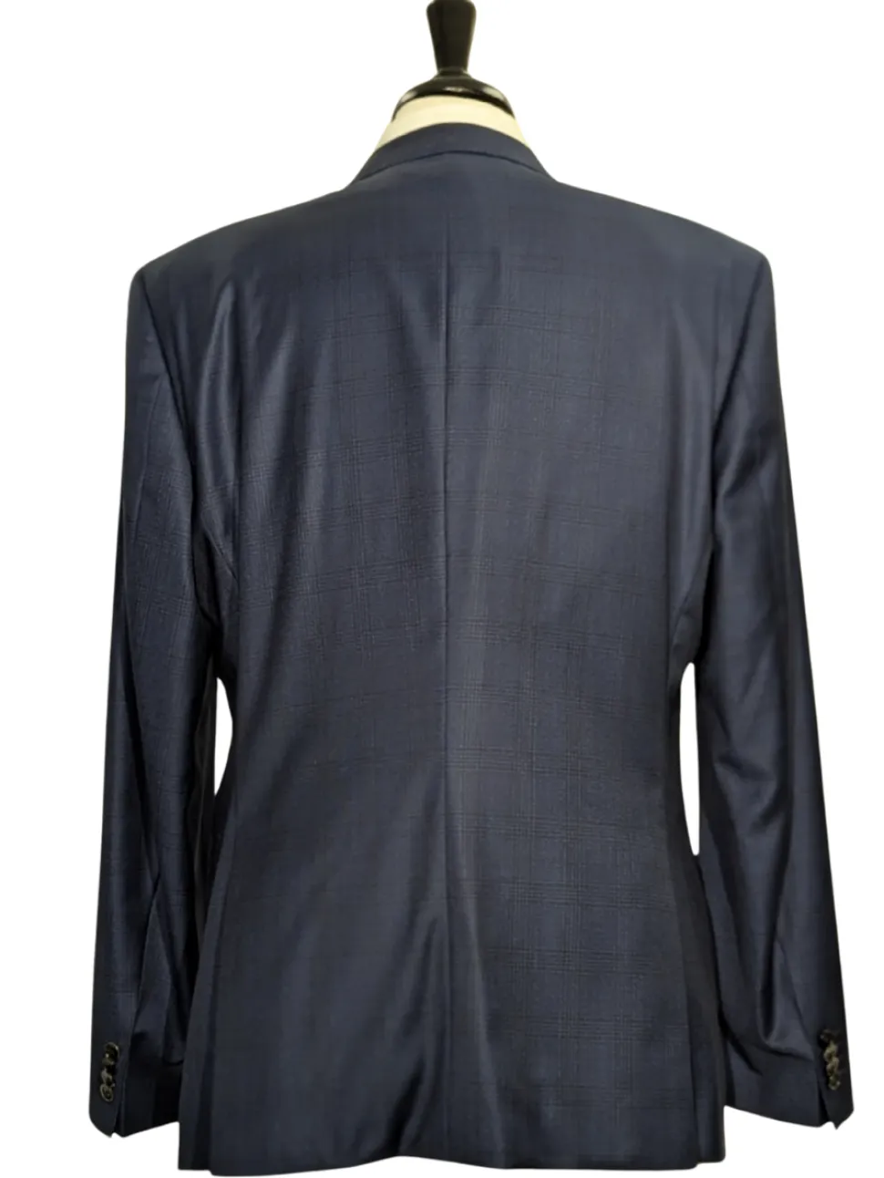 Hugo Boss Super 120s Navy Blue Plaid Windowpane Slim Fit Notch Lapels Wool 2-Button Suit - 44R