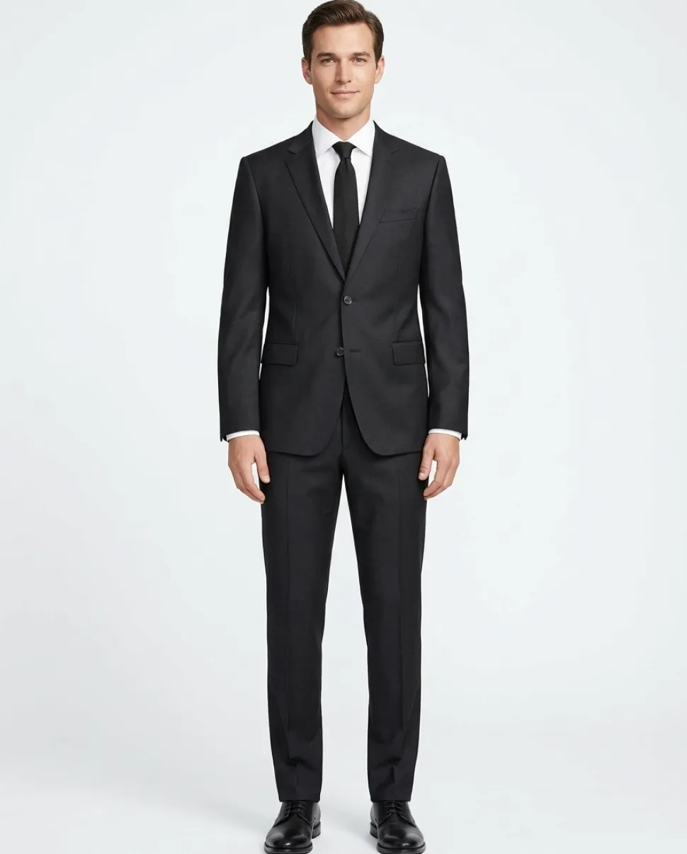 Hugo Boss Textured Black Notch Lapel Slim Fit Super 100’s Wool 2-Button Suit 46L