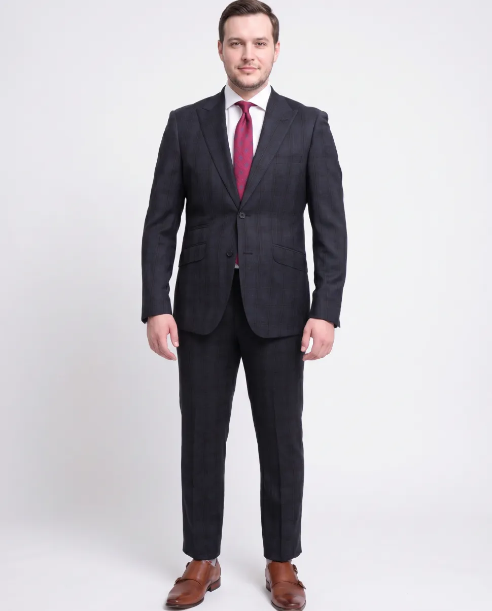 Ideal Slim Fit Blue And Red Plaid Two Button Wool Suit Peak Lapels