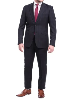 Ideal Slim Fit Blue And Red Plaid Two Button Wool Suit Peak Lapels