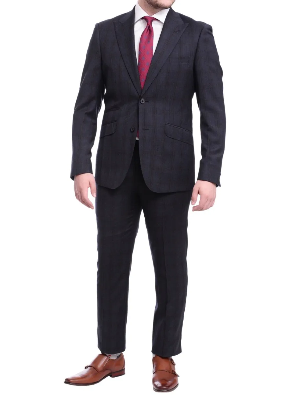 Ideal Slim Fit Blue And Red Plaid Two Button Wool Suit Peak Lapels